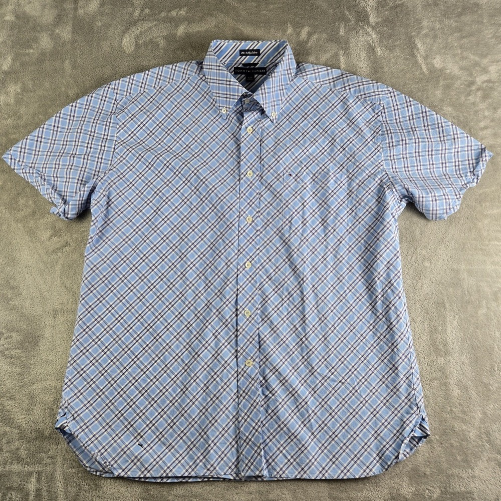Tommy Hilfiger Shirt‎ Mens XL Blue Plaid Short Sleeve 80s 2 Ply Fabric Casual
